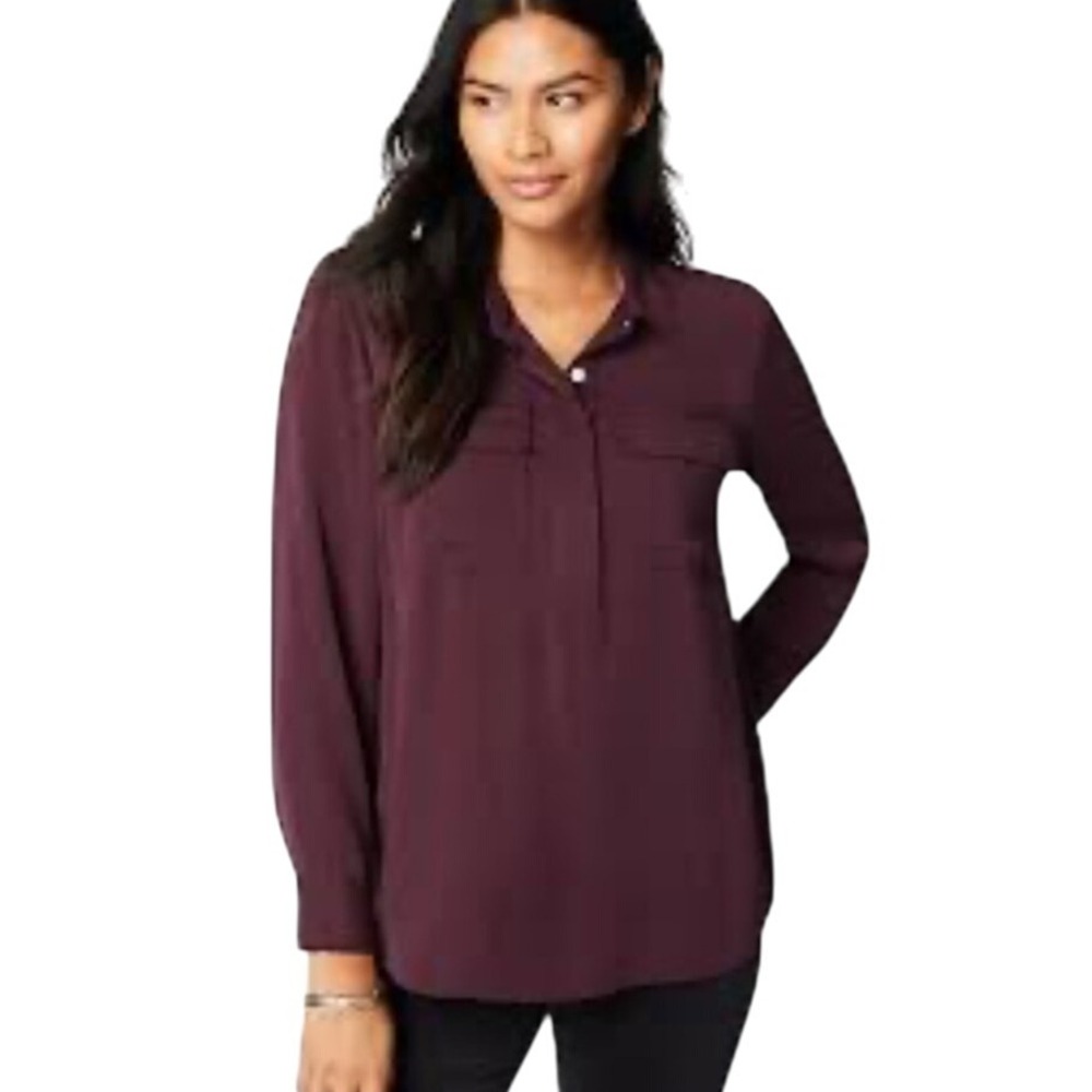 J Jill Soft Luxe Utility‎ Popover Blouse Top Women's Large Plum Long Sleeve NWT